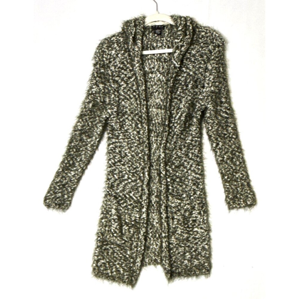 Poof New York Womens LG Knit Green/White Hooded Open Front Cardigan Sweater SOFT